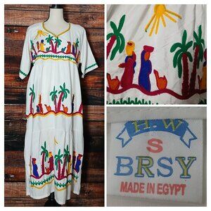 Vintage Egyptian Tunic Midi Dress S Embroidered Peasant Boho Short Sleeve BRSY